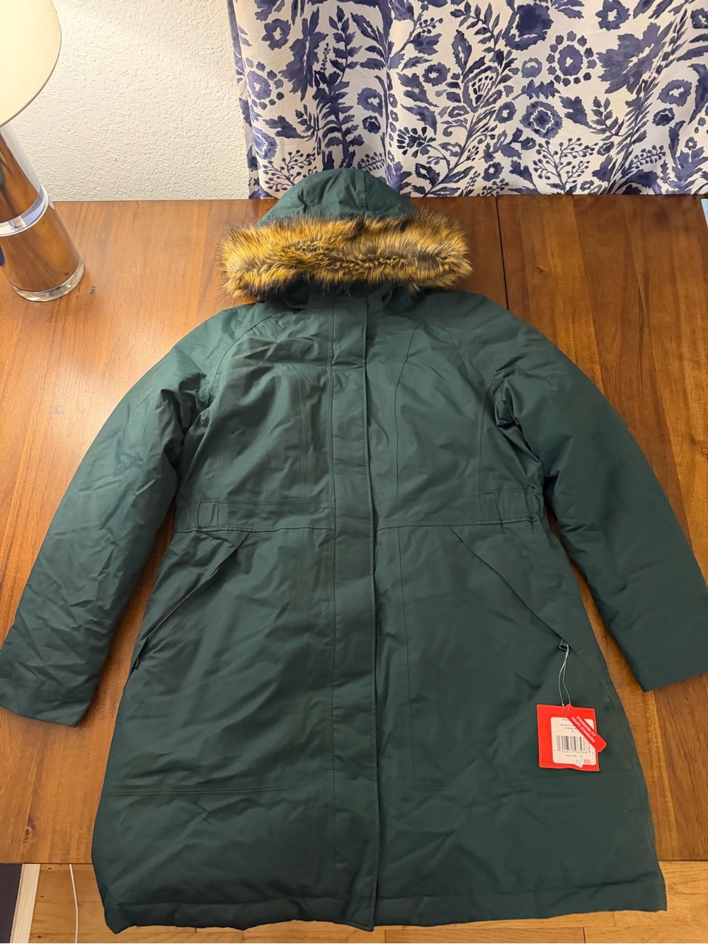 The North Face Women's Dark Green Puffer Parka with Faux-Fur Hood Trim